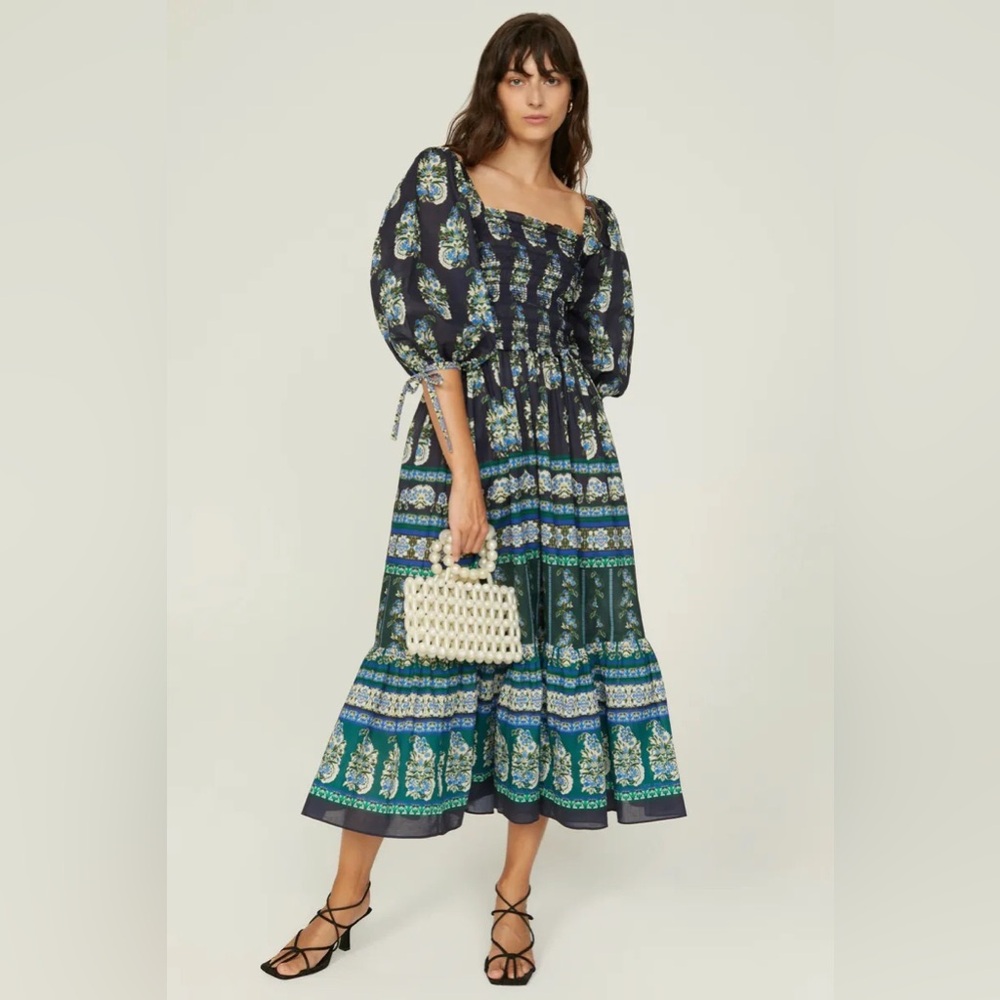 Cara Cara blue navy floral printed puff sleeve Jazzy midi cotton dress size XS